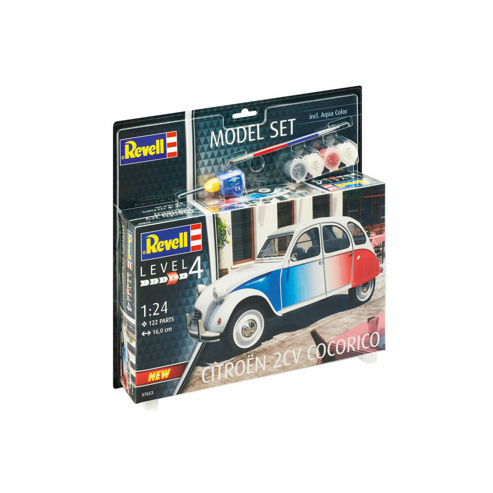 Revell Model Set Citroën 2 CV Cocorico, vintage car, model kit with paints and glue, 122 parts, from 12 years, 67653