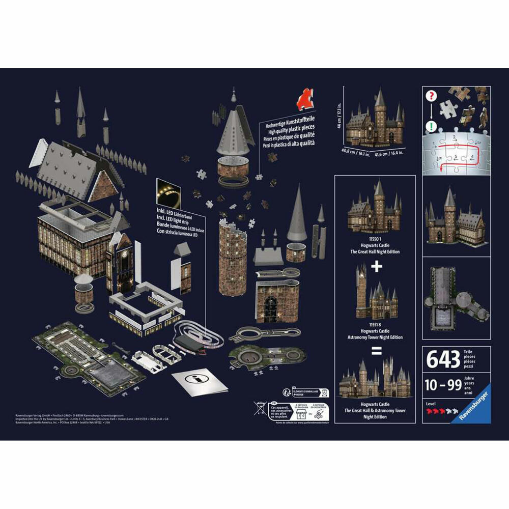 Ravensburger 3D Puzzle Hogwarts Castle Great Hall Night Edition, Puzzles, Schloss, 540 Teile, ab 10 Jahren, 11550