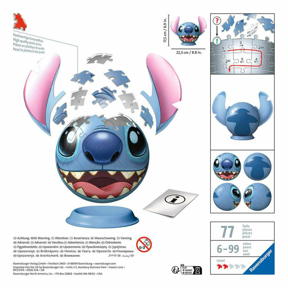 Ravensburger 3D Puzzle Ball Disney Stitch with Ears, Puzzle Ball, Puzzles, 72 Pieces, from 6 Years, 11574