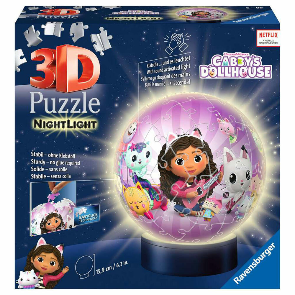 Ravensburger 3D Puzzle Ball Night Light Gabbys Dollhouse, Puzzle Ball, Puzzles, 72 Pieces, from 6 Years, 11575