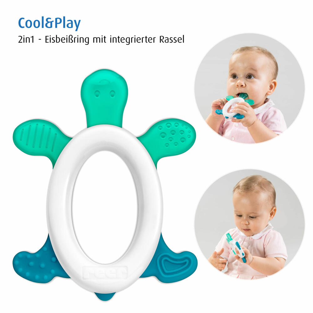 Reer Kühlbeißring Cool & Play mit Rassel, Schildkröte Beißring, Zahnhilfe, Beißhilfe, 79203