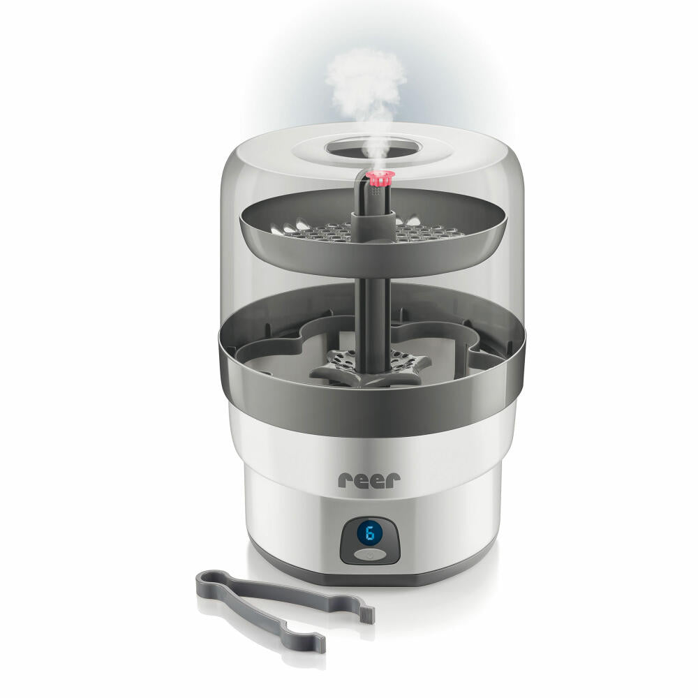 reer Vaporisator VapoMax, Desinfektionsgerät, Dampfsterilisator, Sterilisator, für 6 Babyflaschen, 36010