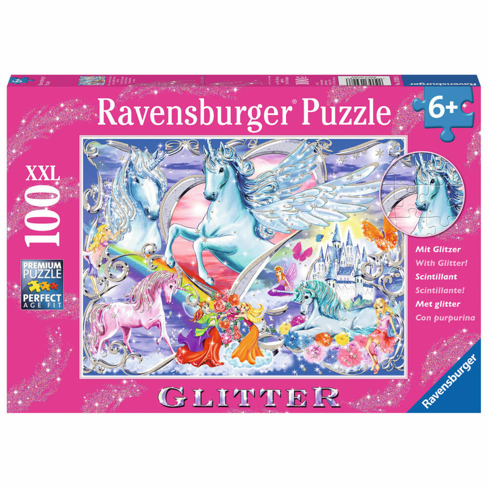 Ravensburger Puzzle Die Schönsten Einhörner, Glitter-Puzzle, Kinderpuzzle, Legespiel, Kinder Spiel, Puzzlespiel, Glitzereffekt, 100 Teile XXL, 13928 6