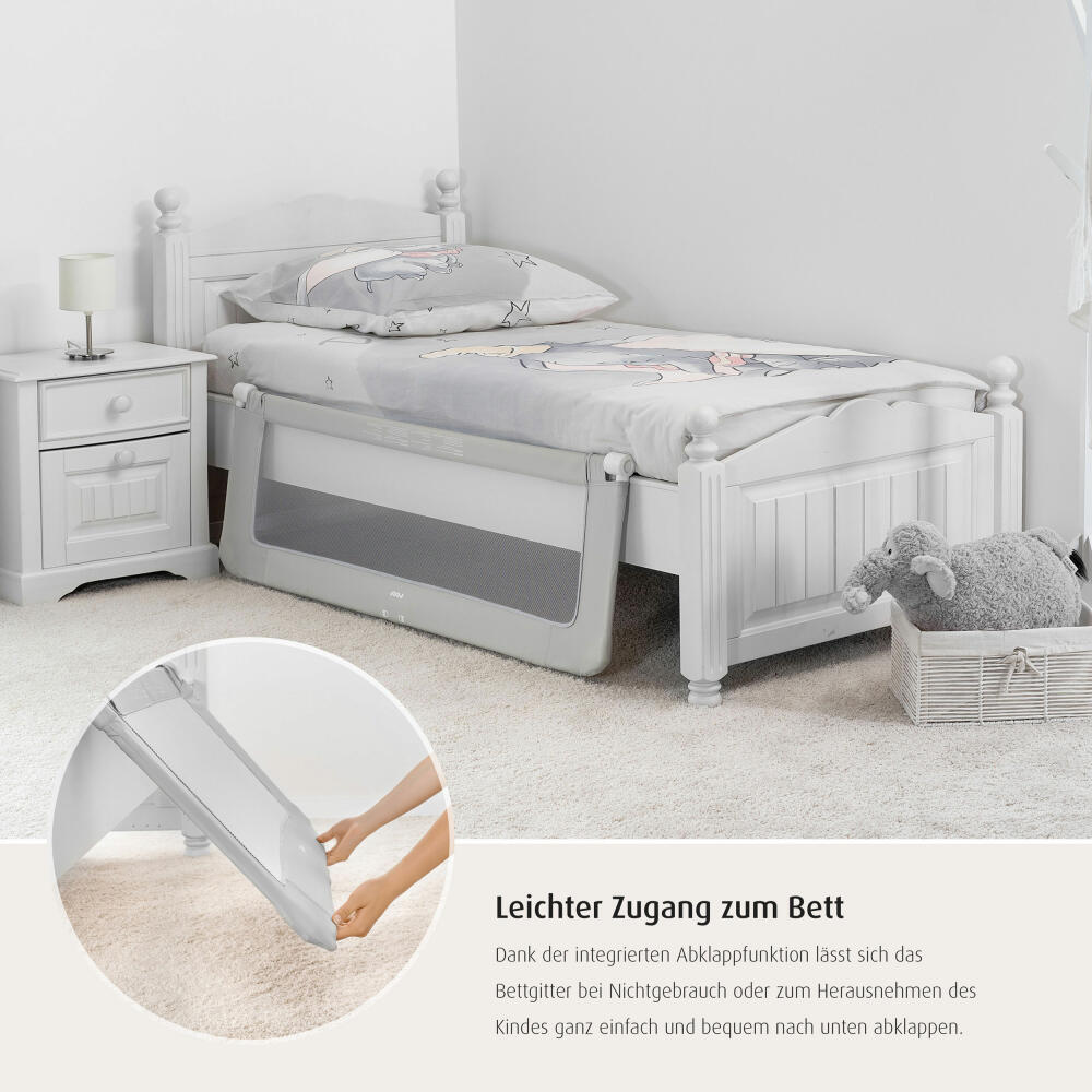 reer ByMySide XL Bettgitter, Rausfallschutz für Bett, Bettschutzgitter, Schutzgitter, mit Abklappfunktion, Länge 150 cm, 45020