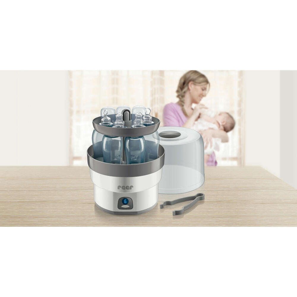 reer Vaporisator VapoMax, Desinfektionsgerät, Dampfsterilisator, Sterilisator, für 6 Babyflaschen, 36010