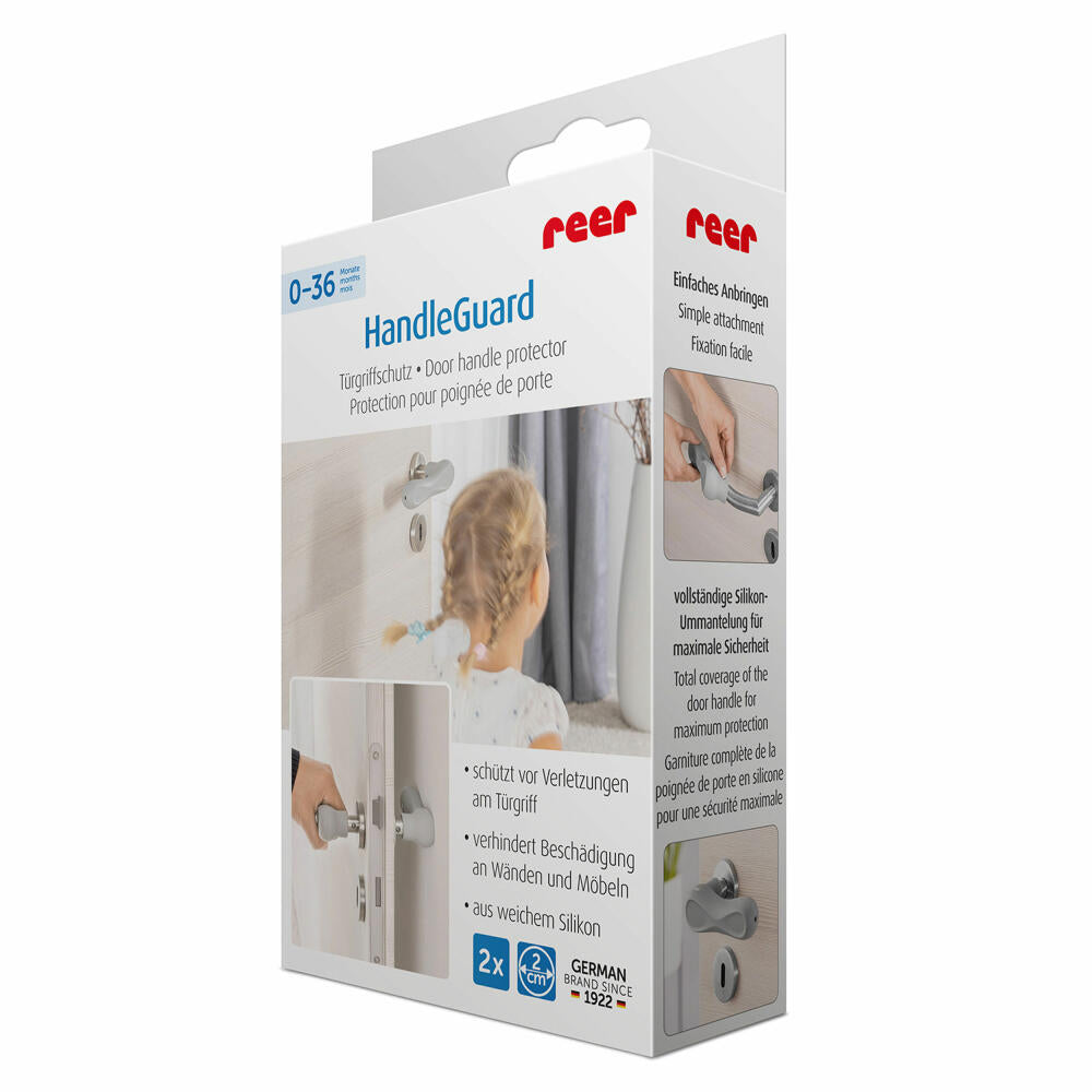 reer HandleGuard Türgriffschutz, 2er Set, Türklinkenabdeckung, Türgriff Schutz, Abdeckung, Kinder Sicherung, Grau, 70071