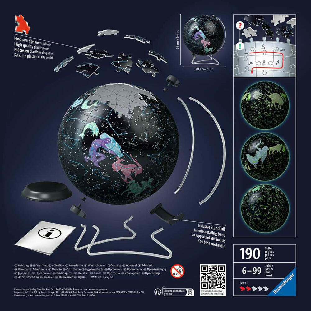 Ravensburger 3D Puzzle Ball Puzzle Starglobe Glow-In-The-Dark, Puzzleball, Puzzles, 180 pieces, from 6 years, 11544