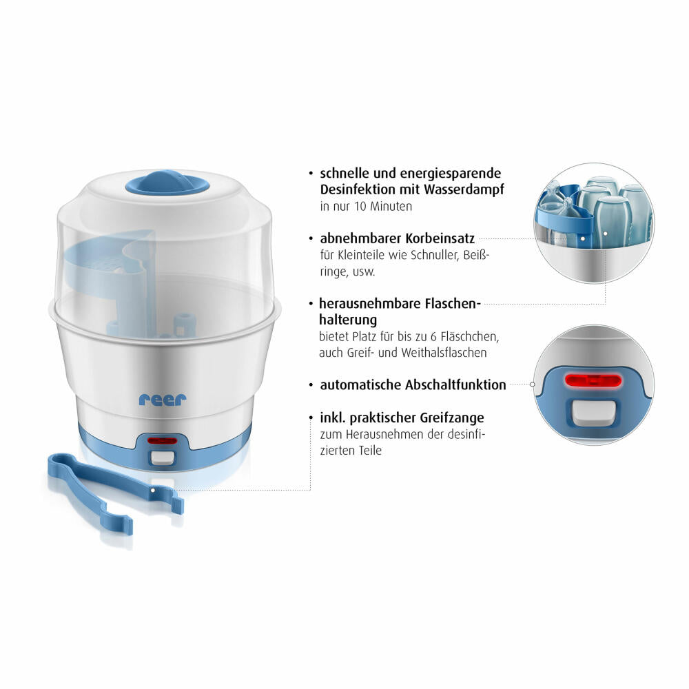 reer VapoMat Vaporisator, Desinfektionsgerät, Dampfsterilisator, Sterilisator, für 6 Babyflaschen, 36020