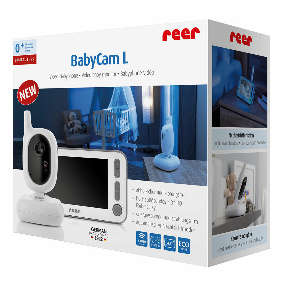 reer BabyCam L, Video Babyphone, Babyfon, Kamera, Farbbildschirm, Reichweite bis 300 m, 80430