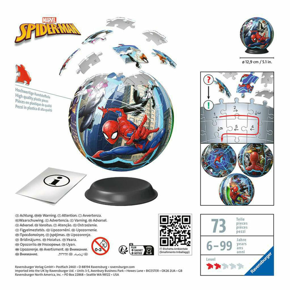 Ravensburger 3D Puzzle Ball Spiderman, Puzzleball, Puzzles, 72 pieces, from 6 years, 11563