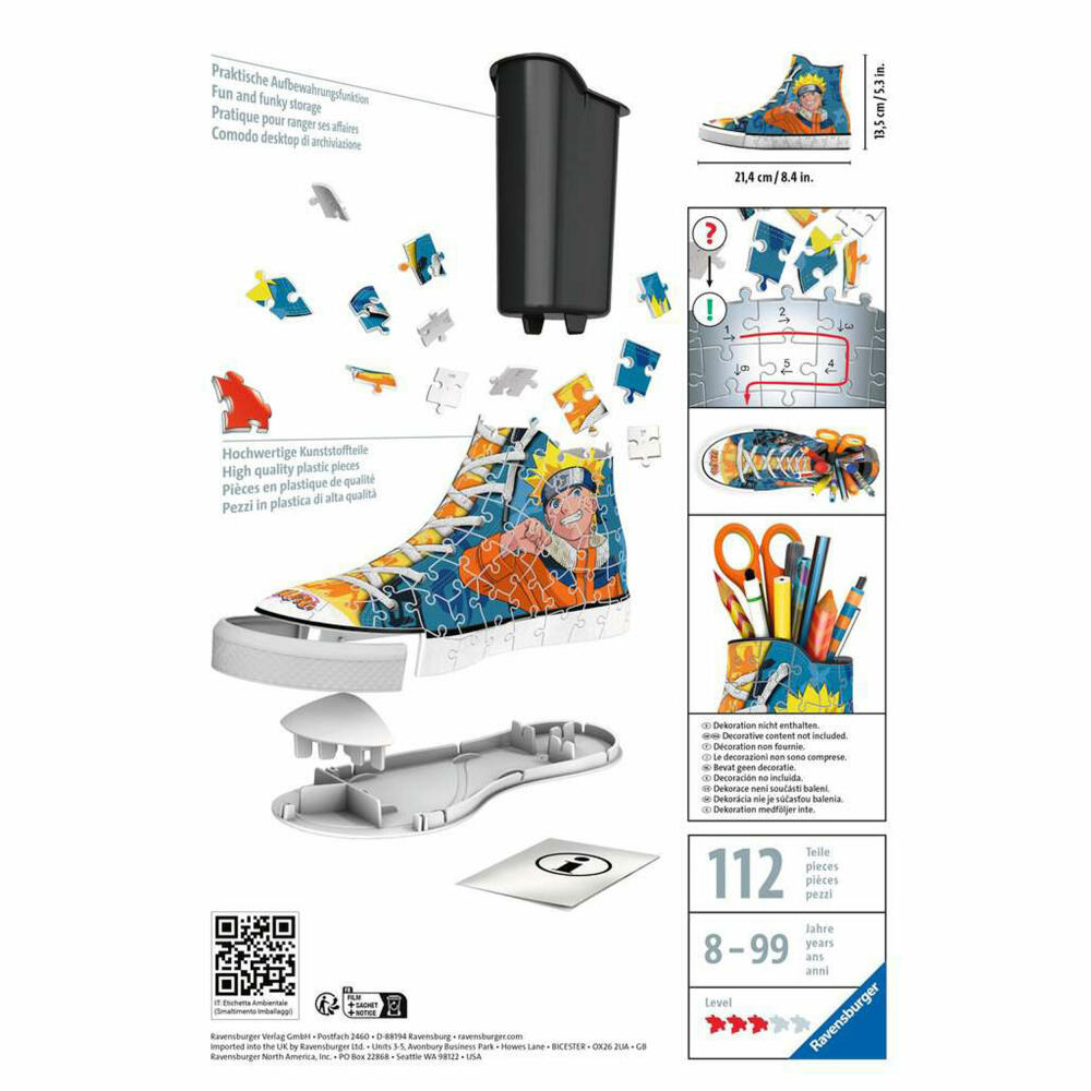 Ravensburger 3D-Puzzle Sneaker Naruto, 3D Puzzle, Kinderpuzzle, Stiftebox, 108 Teile, 11543