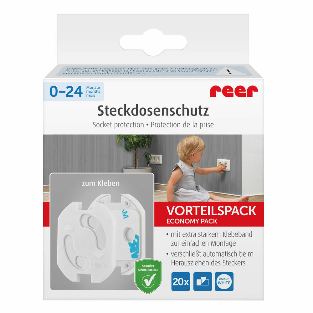 reer Steckdosenschutz, 20er Set, Steckdosen Schutz, Kindersicherung, Kinder Sicherung, Weiß, 32040