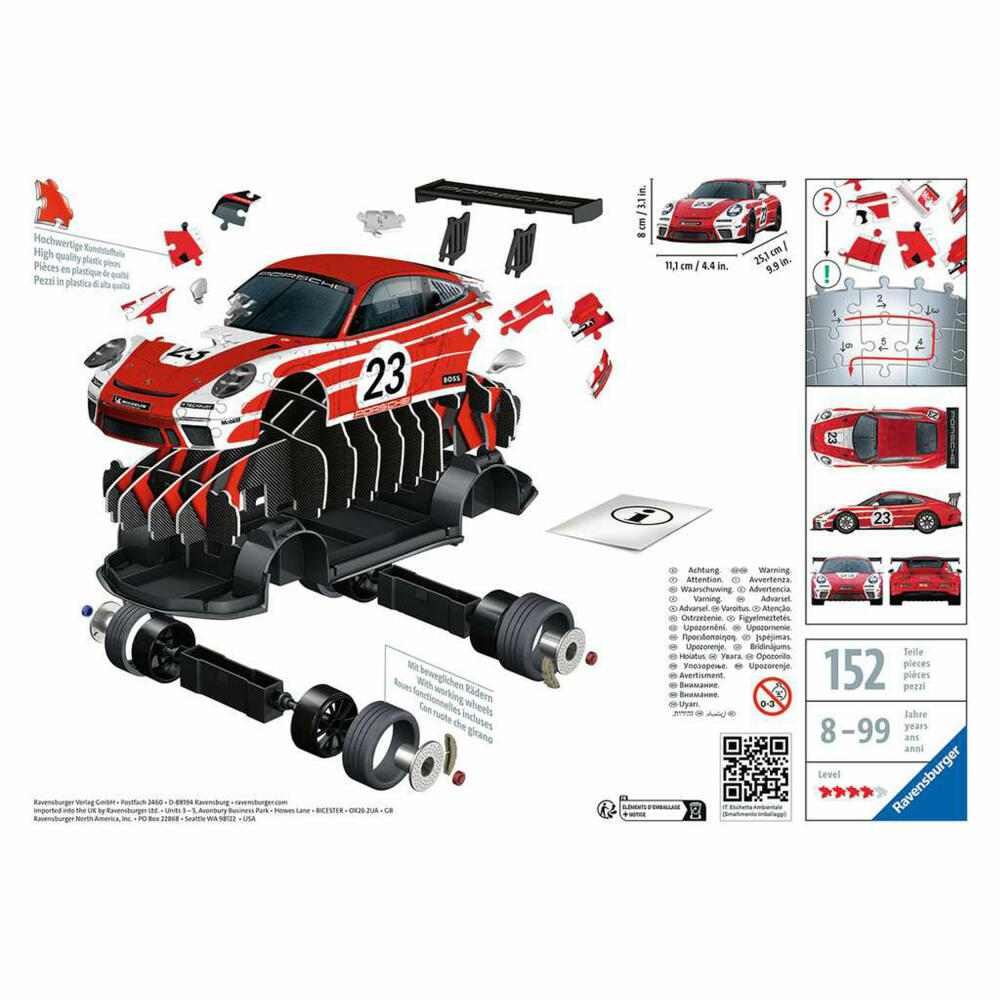 Ravensburger 3D-Puzzle Porsche 911 GT3 Cup Salzburg Design, 3D Puzzle, Kinderpuzzle, Maßstab 1:18, 108 Teile, 11558