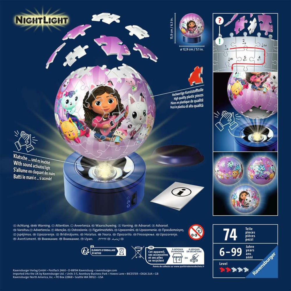 Ravensburger 3D Puzzle Ball Night Light Gabbys Dollhouse, Puzzle Ball, Puzzles, 72 Pieces, from 6 Years, 11575