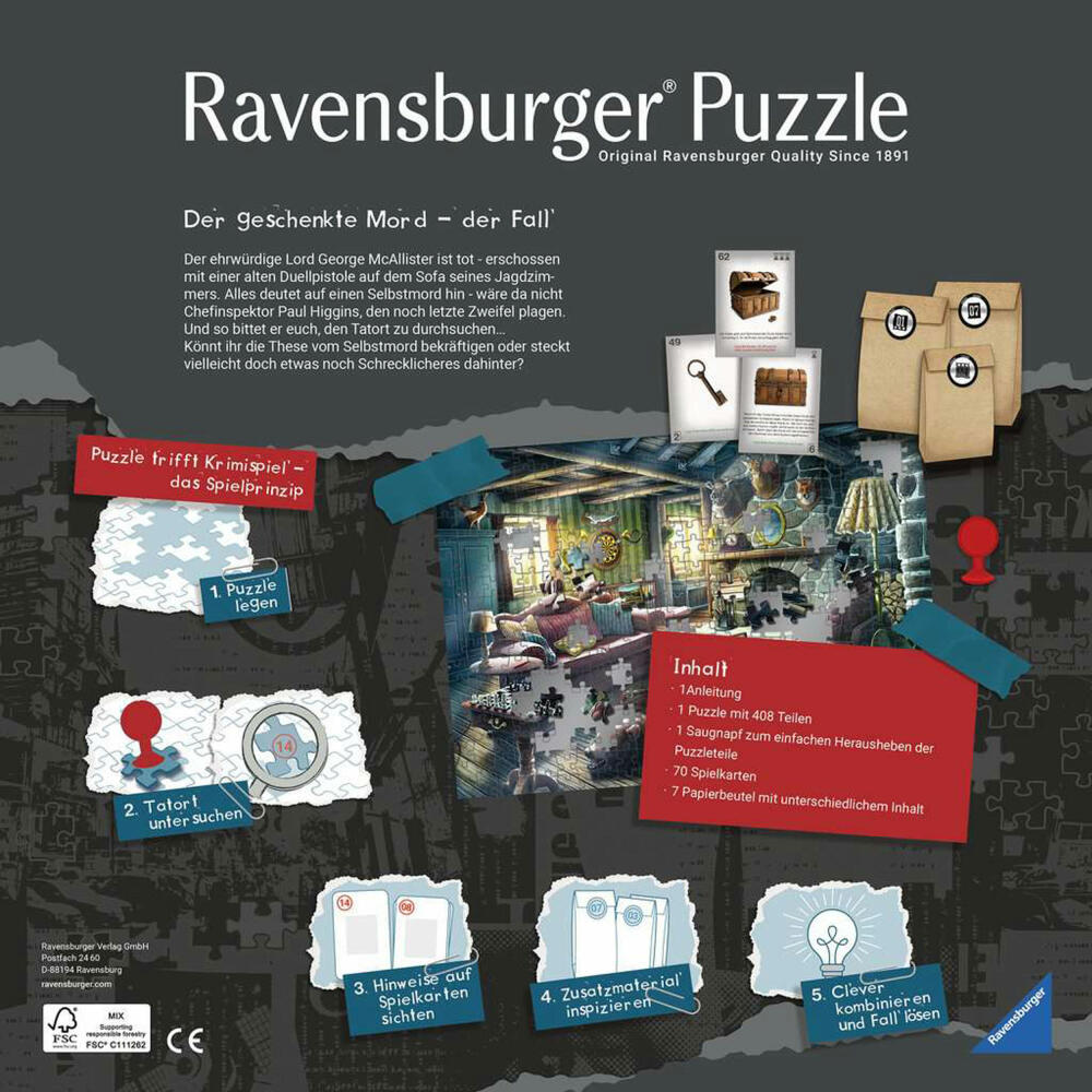 Ravensburger Puzzle X Crime: Der geschenkte Mord, 408 Teile, Puzzle-Krimispiel, ab 14 Jahre, 17562
