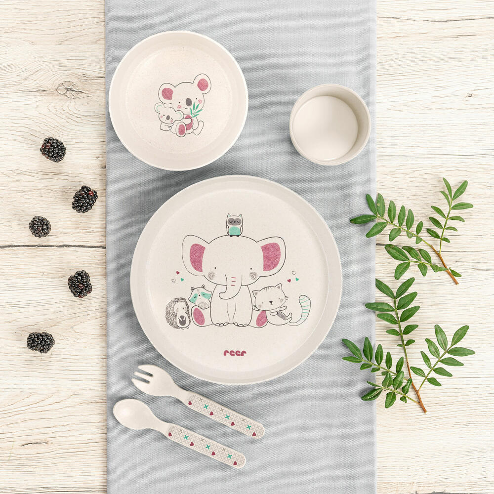 reer Growing Geschirr-Set LovelyFriends, 5-tlg., Kindergeschirr, Teller, Löffel, Gabel, Becher, Schale, 22020