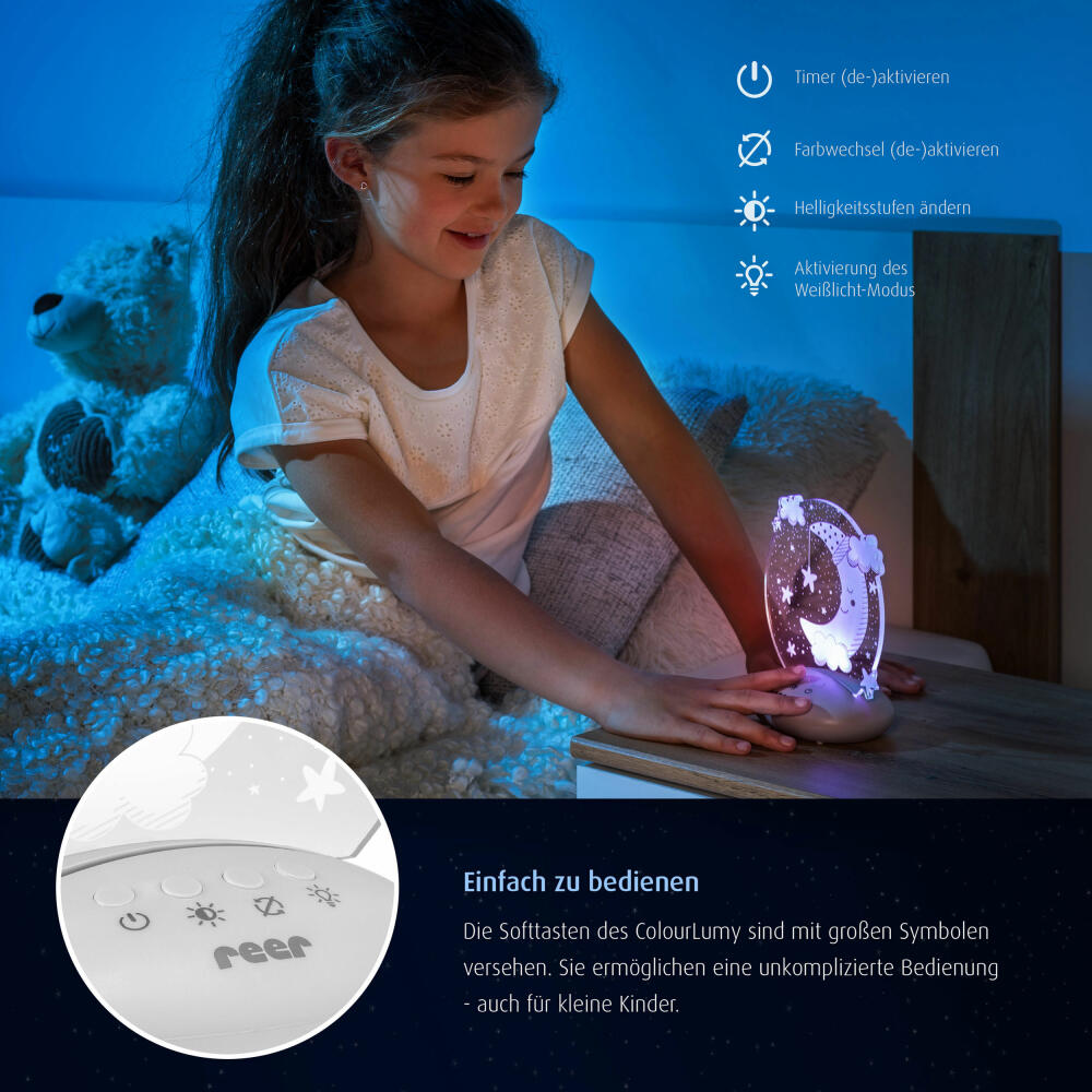 reer ColourLumy Mond Beruhigungslicht, Nachtlicht Kinder, Schlummerlicht, Lampe, Farbwechsel, Timer-Funktion, Acrylglas-Scheibe, Grau, 52121