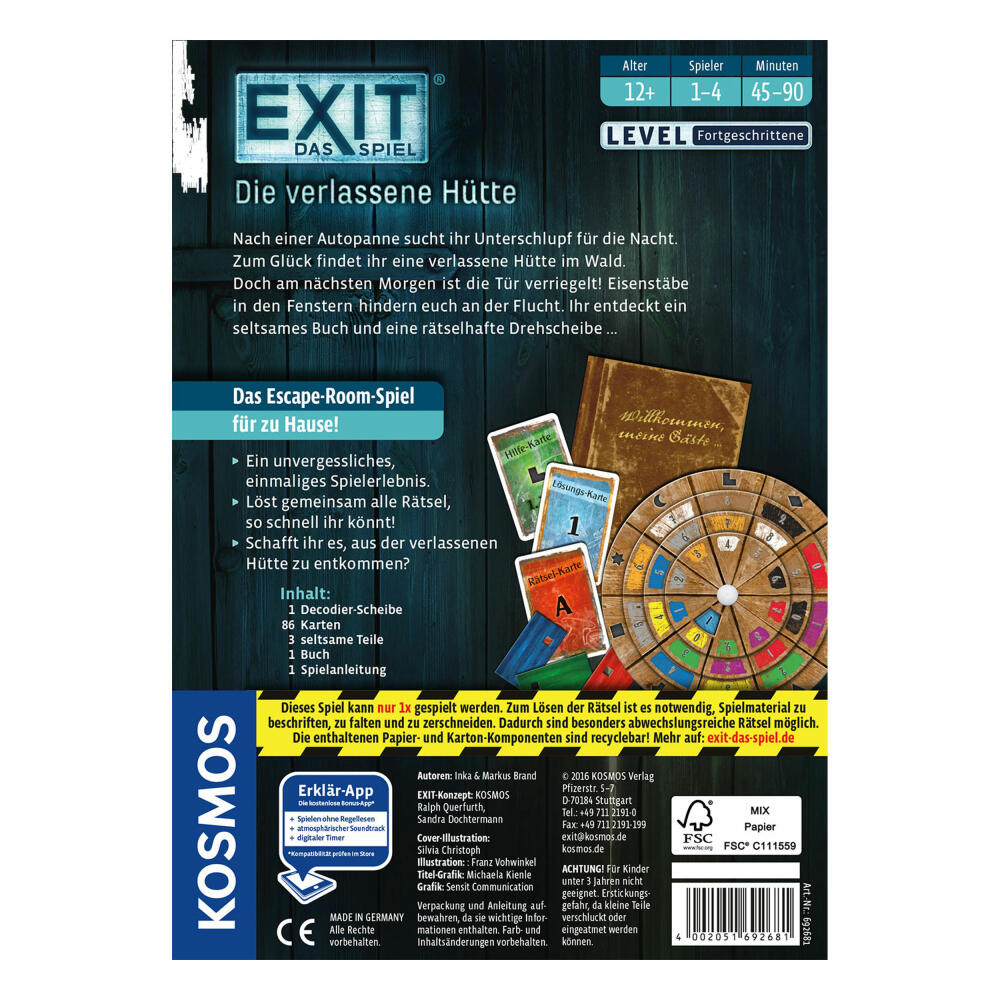 KOSMOS Exit - The Game - The Abandoned Cabin, Escape Game, Game, Level Advanced, Ages 12 and up, 692681