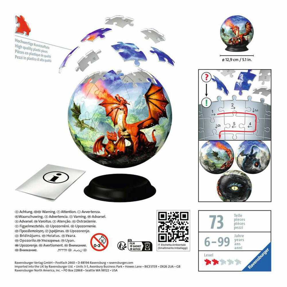Ravensburger 3D Puzzle Ball Mystical Dragons, Puzzle Ball, Puzzles, 72 pieces, from 6 years, 11565