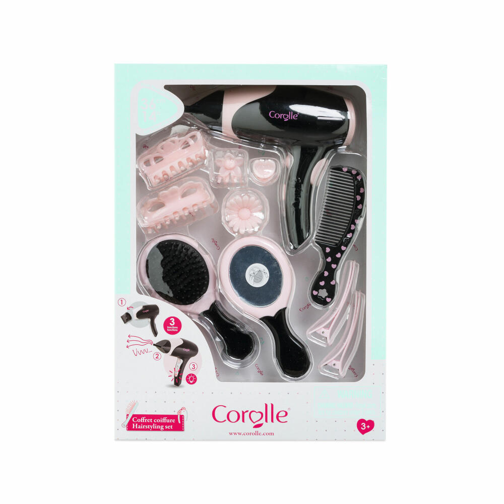 Corolle LTC Hair Styling Set, 14 pcs., Hairdryer, Comb, Brush, Hair Accessories, Hairband, Styling Accessories, Doll, 9000310020