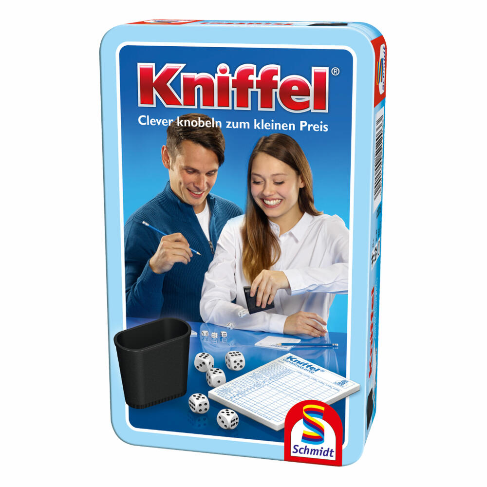 Schmidt Spiele Kniffel, Bring-Mich-Mit-Spiel in Metalldose, Brettspiel, Gesellschaftsspiel, 2 bis 8 Spieler, 51203
