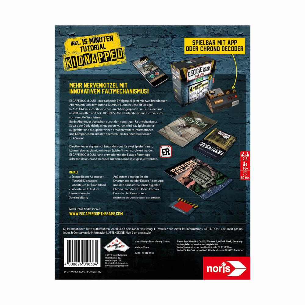 Noris Escape Room Duo, board game, exit game, puzzle, crime, prison island, asylum, 2 players, 606101838