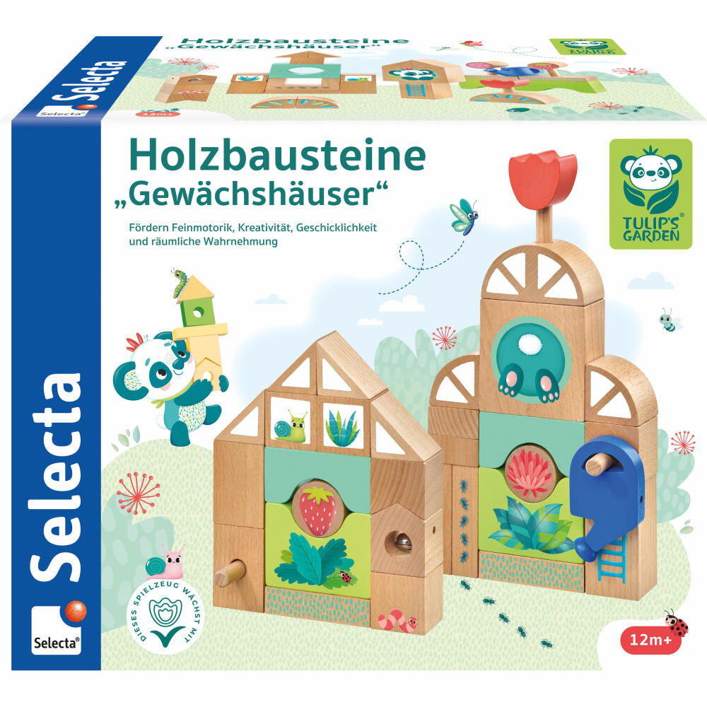 Selecta Tulips Garden Wooden Building Blocks Greenhouses, Building Blocks, Wood, 34 Pieces, 62085