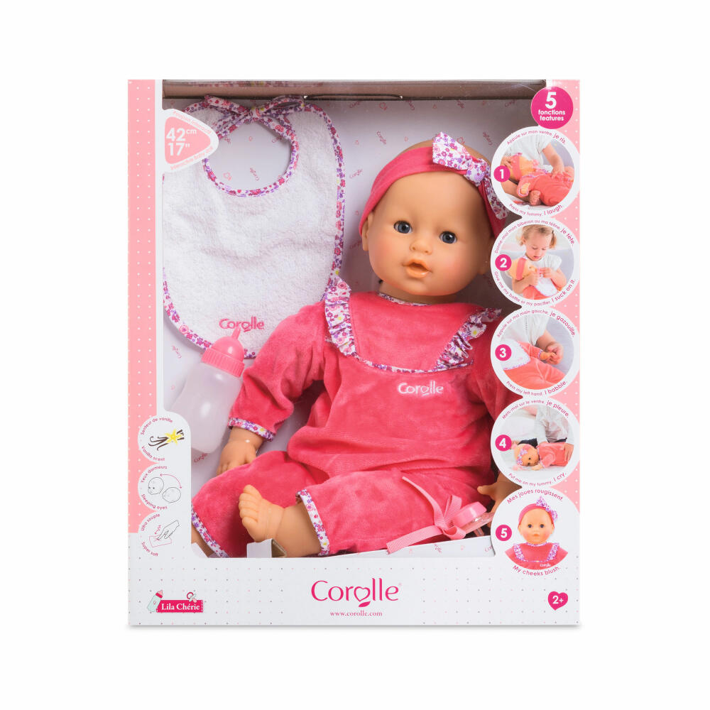 Corolle MGP Lila Chérie, Weichkörperpuppe mit Funktionen, Babypuppe, Puppe, Vanilleduft, 42 cm, 9000150060