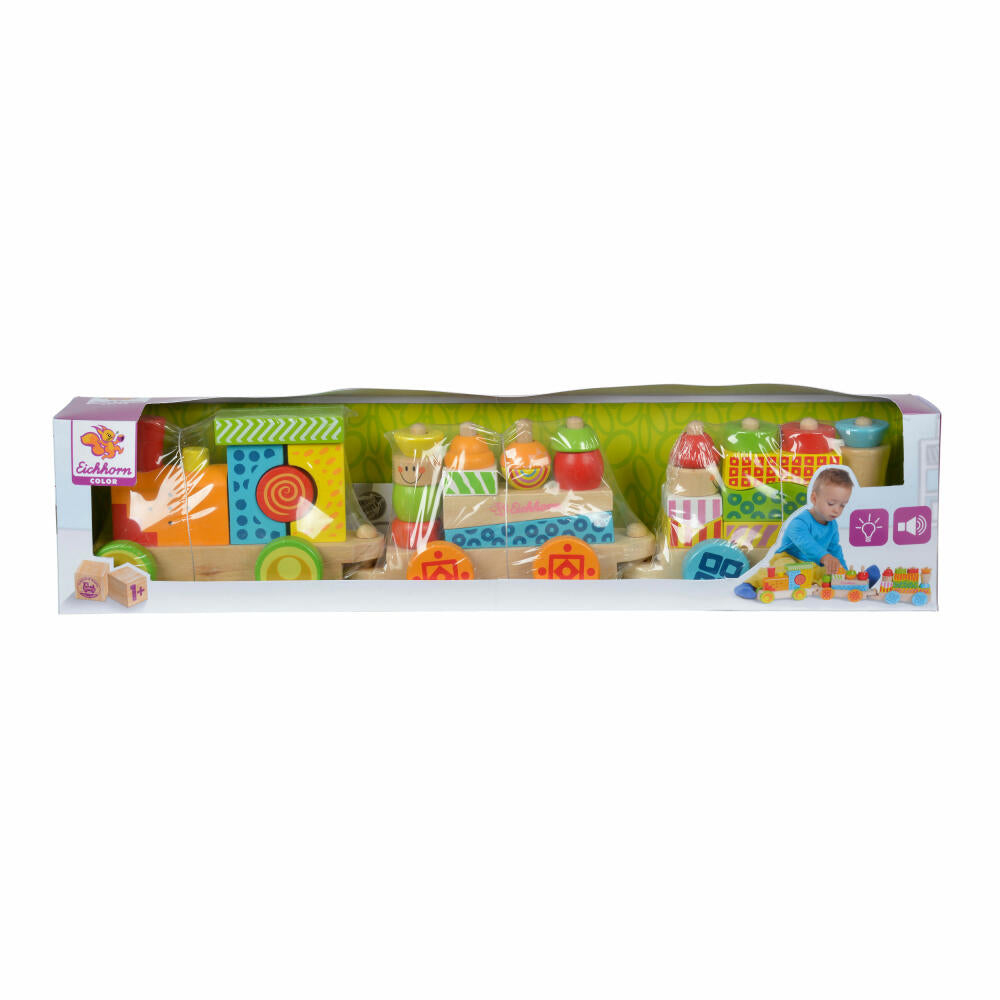 Eichhorn Color Zug mit Licht, Sound und 2 Wagons, Steckbausteine, Koordination, Motorik, Spielzeug, Bunt, Holz, 100002236