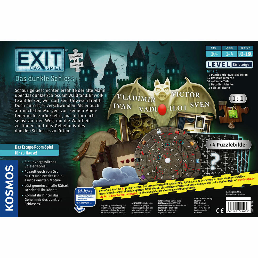 KOSMOS EXIT Spiel + Puzzle - Das dunkle Schloss, Famlienspiel, Rätselspiel, Rätsel, Puzzlespiel, ab 10 Jahren, 680787