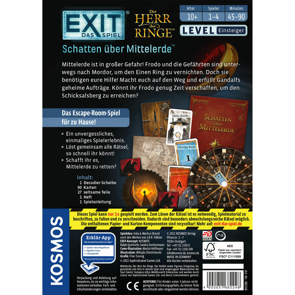 KOSMOS EXIT Spiel - Der Herr der Ringe Schatten über Mittelerde, Escape-Spiel, Level Einsteiger, ab 10 Jahren, 682248