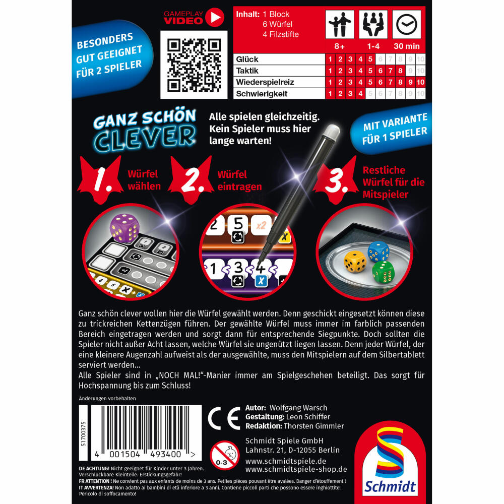 Schmidt Spiele Ganz Schön Clever, board game, family game, parlor game, game, 1 to 4 players, 49340