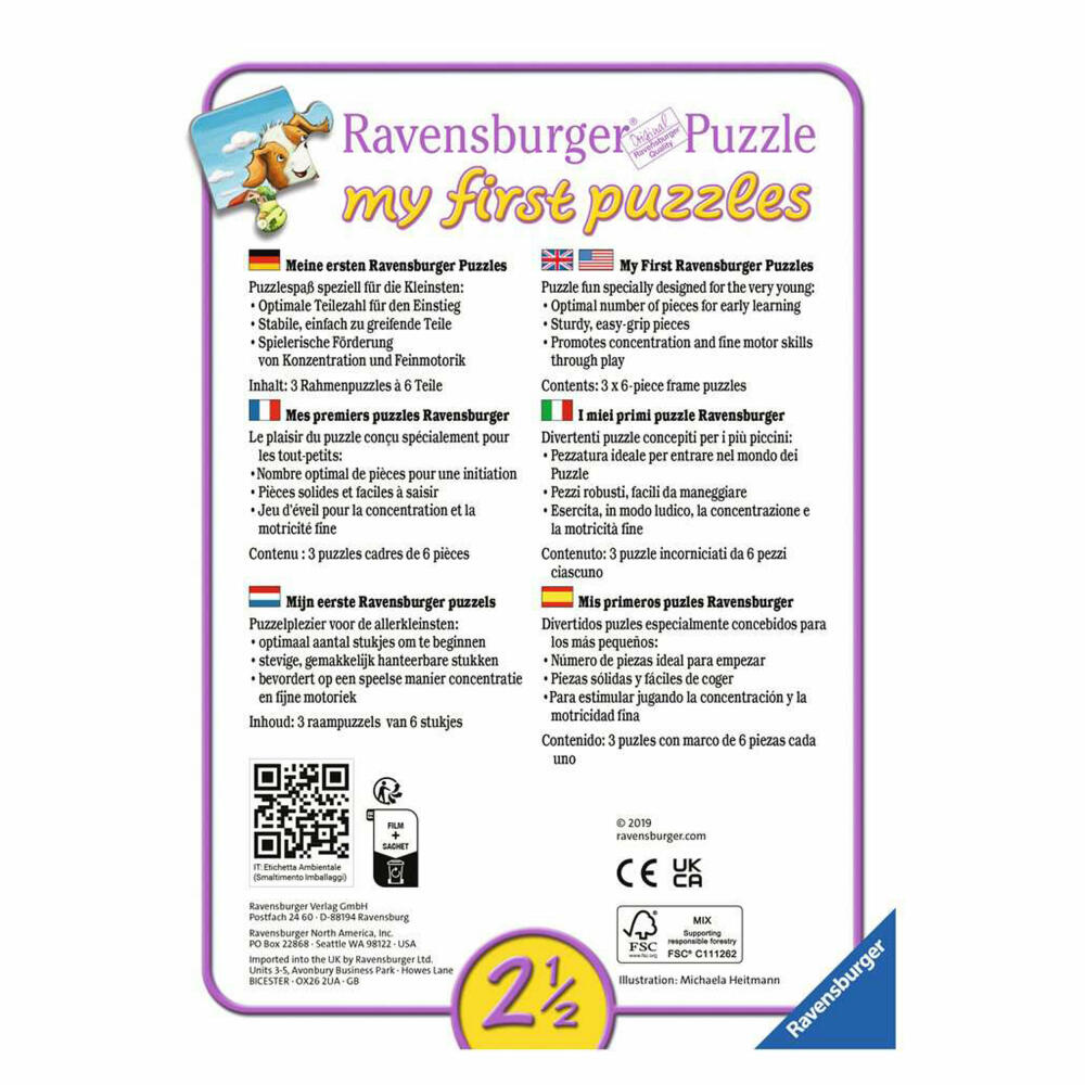Ravensburger Kinderpuzzle Meine Tierfreunde, Puzzle, 6 Teile, 07062