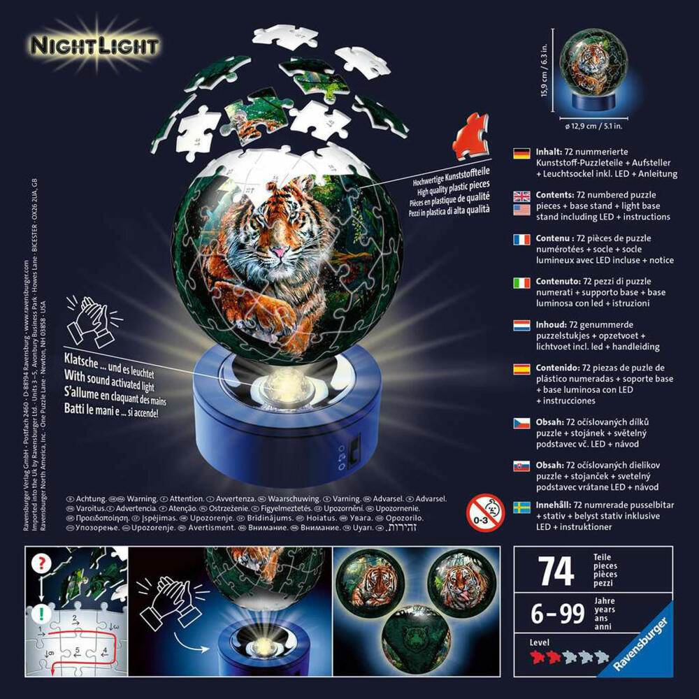 Ravensburger 3D Puzzle Ball Night Light Big Cats, three-dimensional puzzle, 72 pieces, 11248