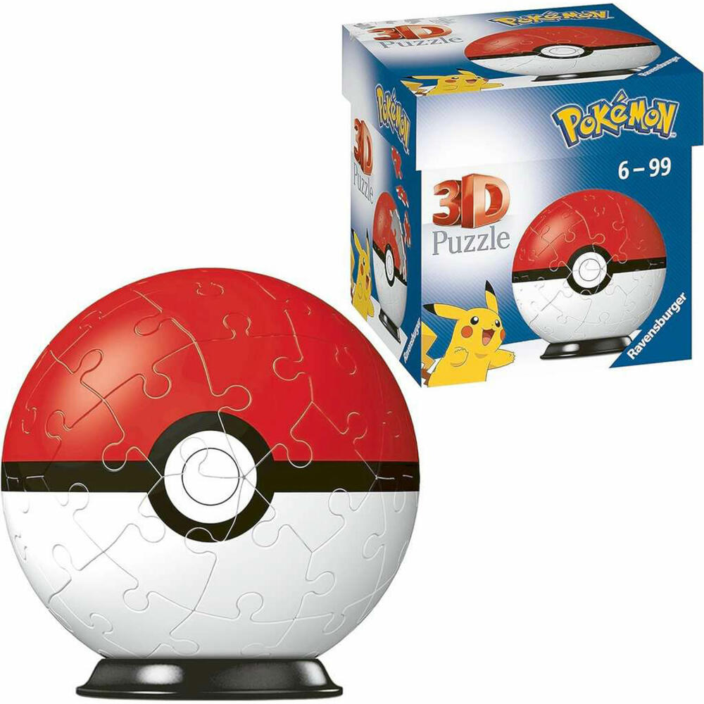 Ravensburger 3D Puzzle Ball Pokémon Pokéball, three-dimensional puzzle, 54 pieces, 11256