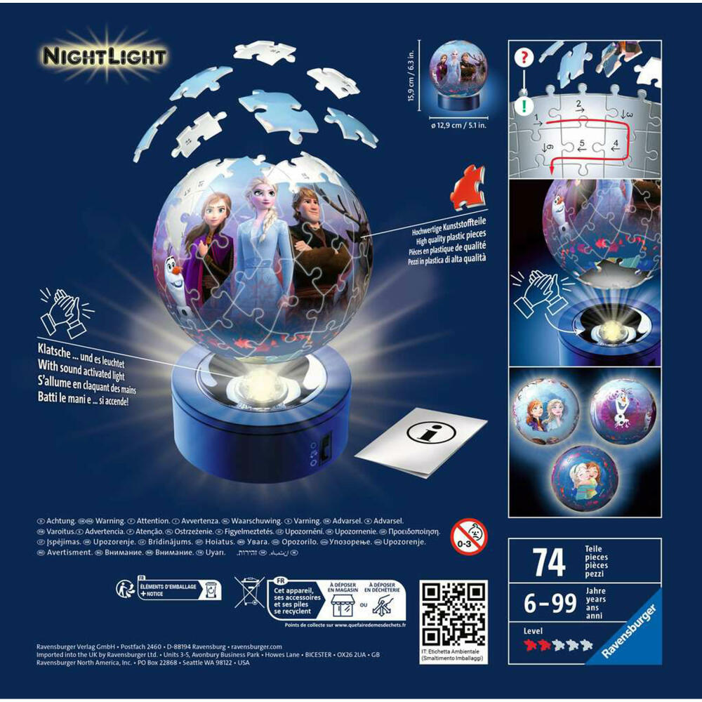 Ravensburger 3D Puzzle Ball Night Light Disney Frozen 2, Puzzle, illuminated, 72 pieces, 11141