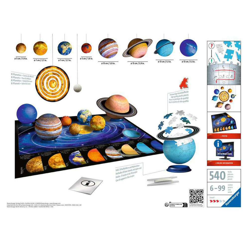 Ravensburger 3D Puzzle Ball Planetary System, three-dimensional puzzle, 540 pieces, 11668
