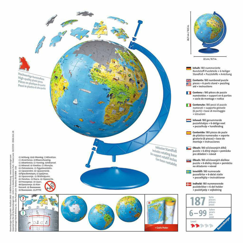 Ravensburger 3D Puzzle Ball Children's Globe in German, three-dimensional puzzle, 180 pieces, 11160
