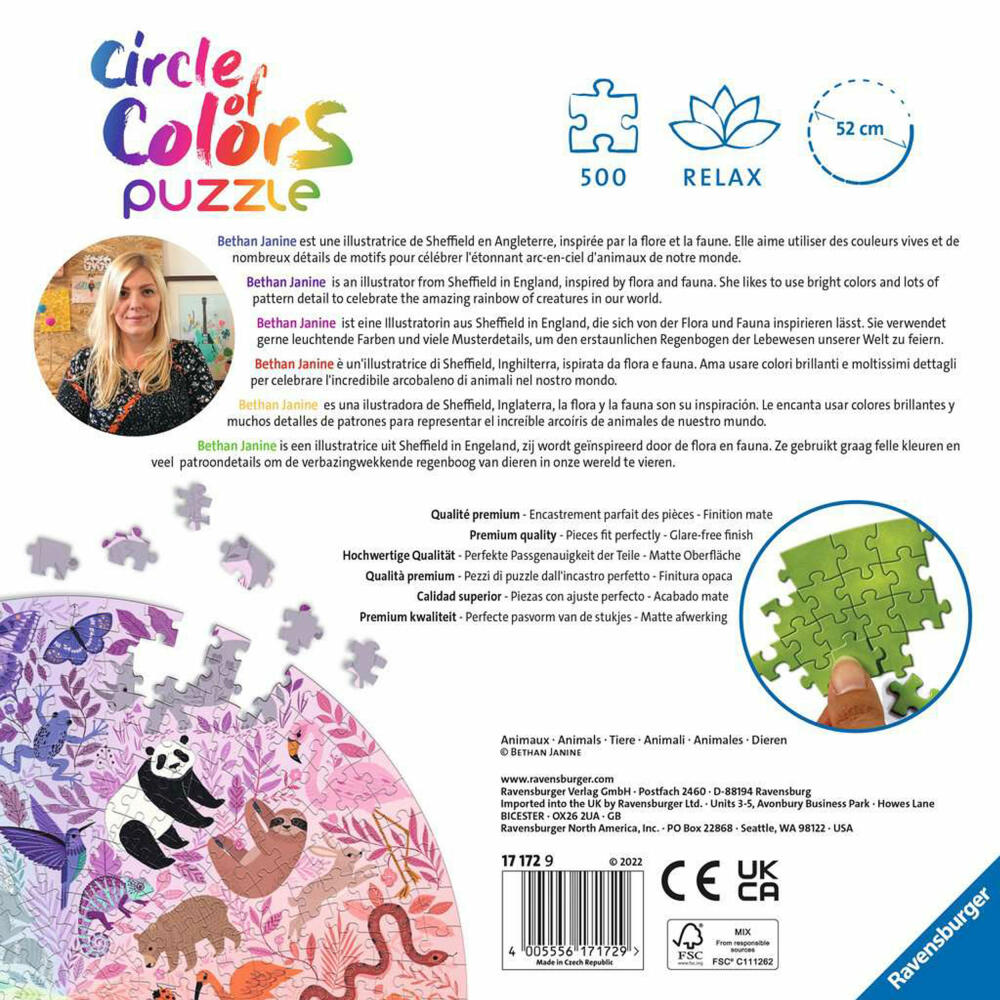 Ravensburger Puzzle Circle of Colors - Animals, Erwachsenenpuzzle, 500 Teile, 17172