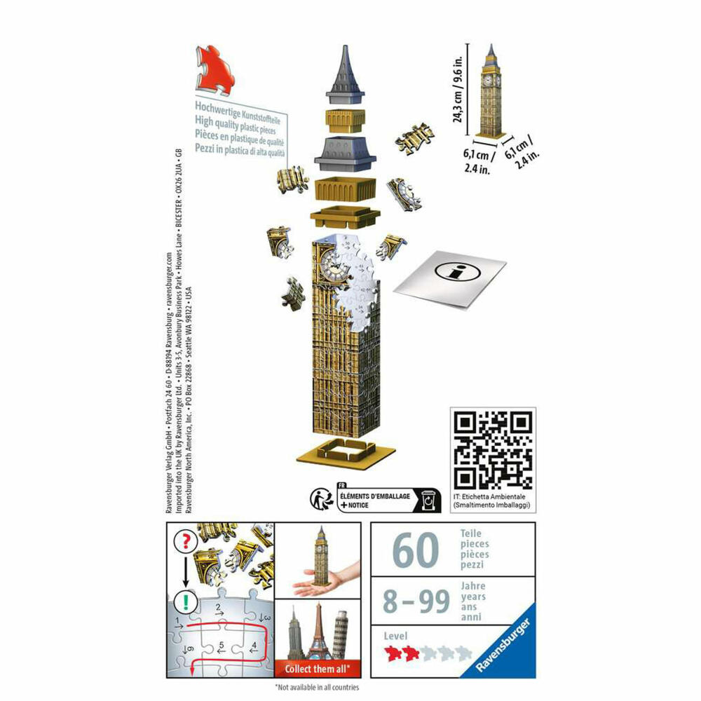 Ravensburger 3D Puzzle Mini Big Ben, three-dimensional puzzle, 54 pieces, 11246
