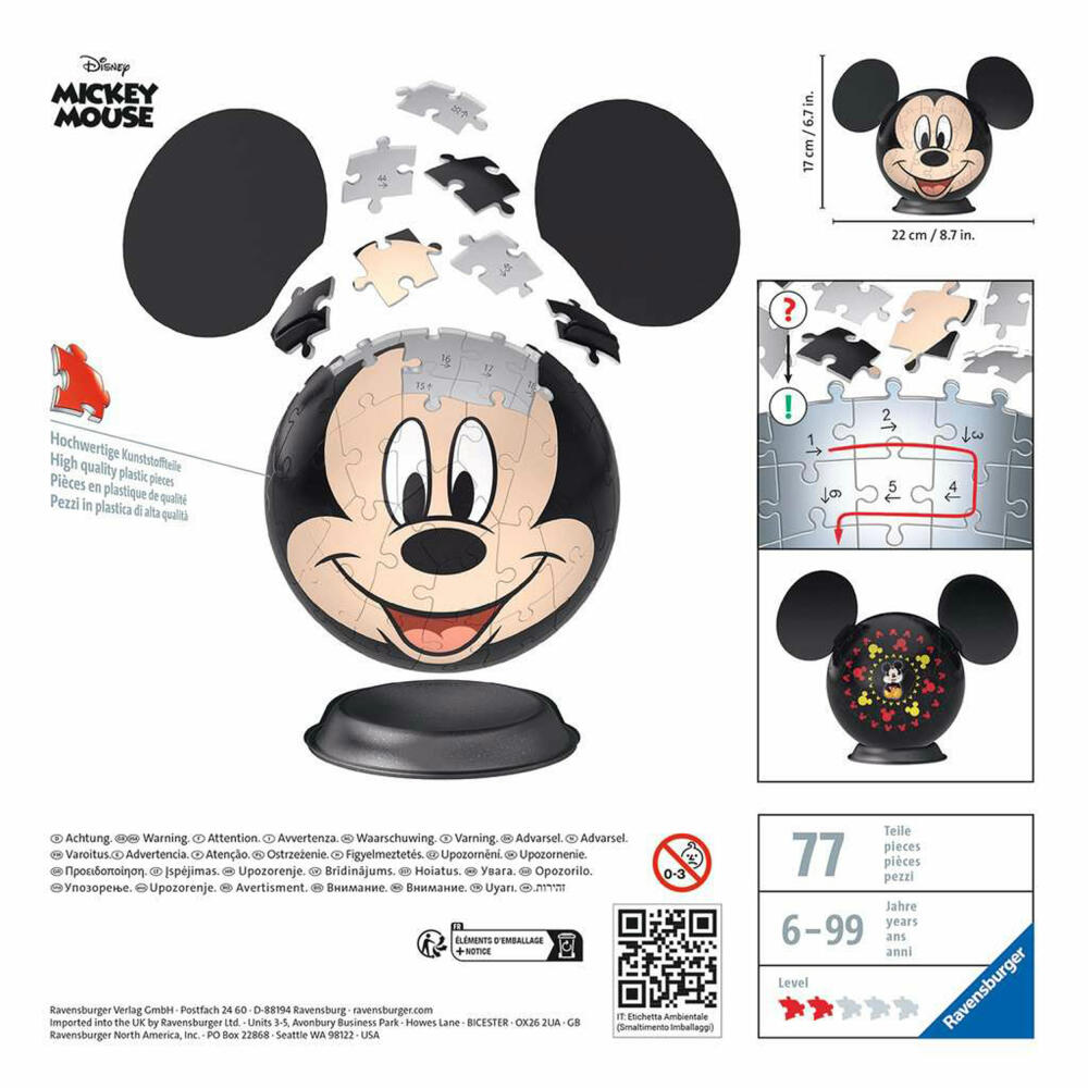 Ravensburger 3D Puzzle Ball Disney Mickey Mouse, three-dimensional puzzle, 72 pieces, 11761