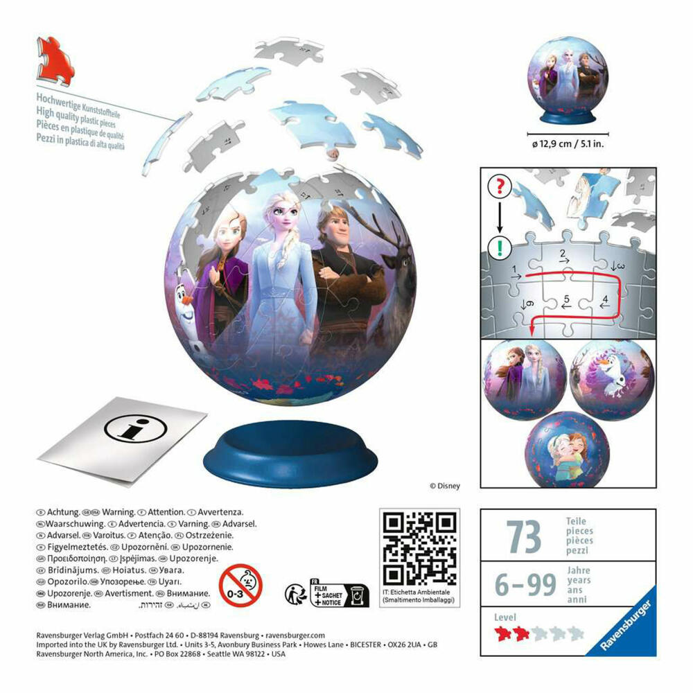 Ravensburger 3D Puzzle Ball Disney Frozen 2, three-dimensional puzzle, 72 pieces, 11142