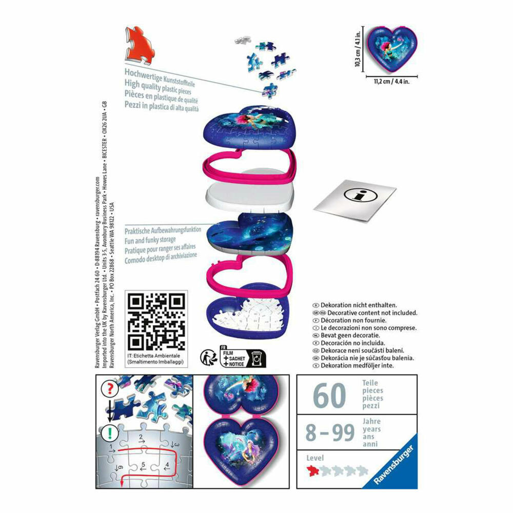 Ravensburger 3D Puzzle Heart Box - Enchanting Mermaids, three-dimensional puzzle, 54 pieces, 11249