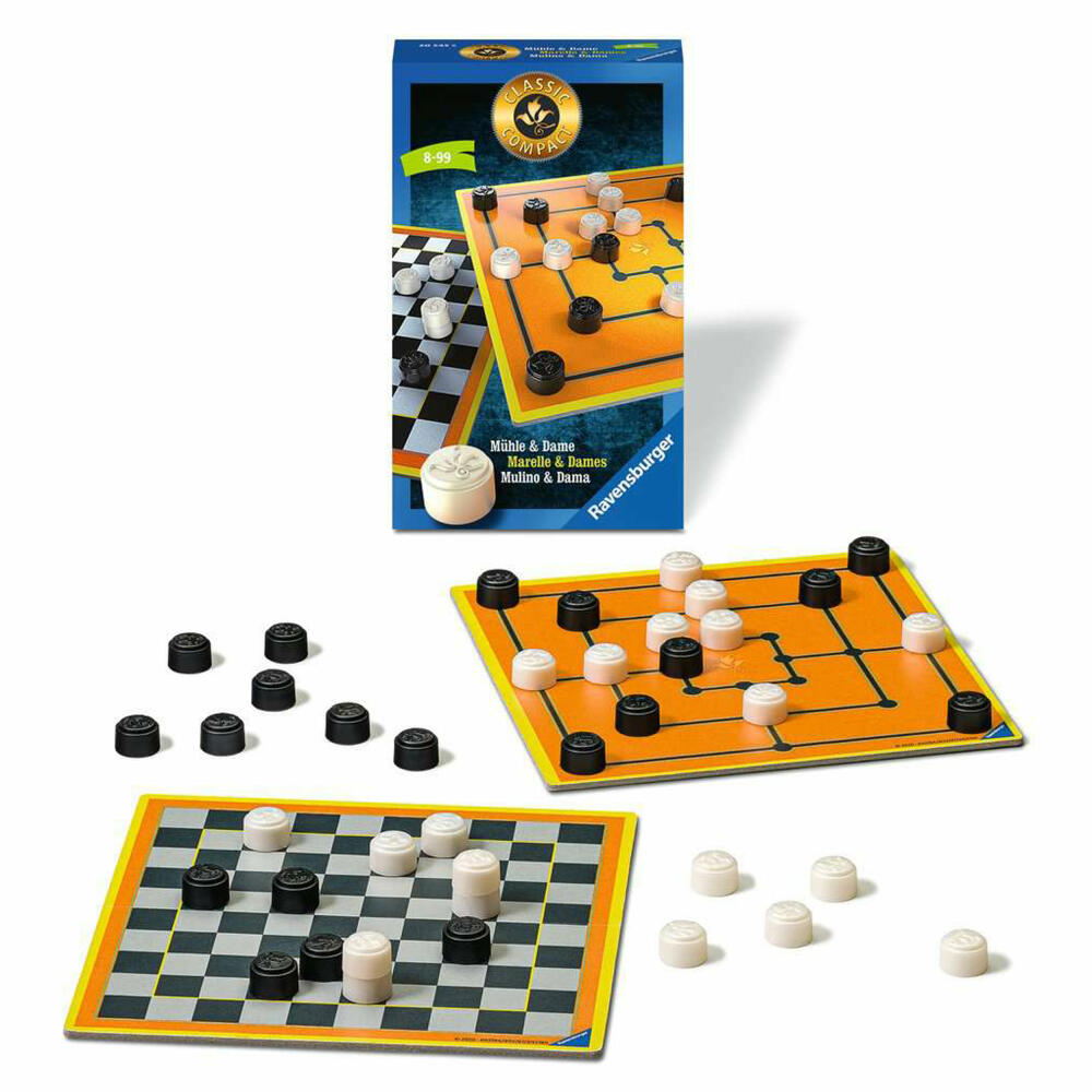 Ravensburger Reisespiel Classic Compact: Mühle und Dame, für Kinder ab 8 Jahren, 20545
