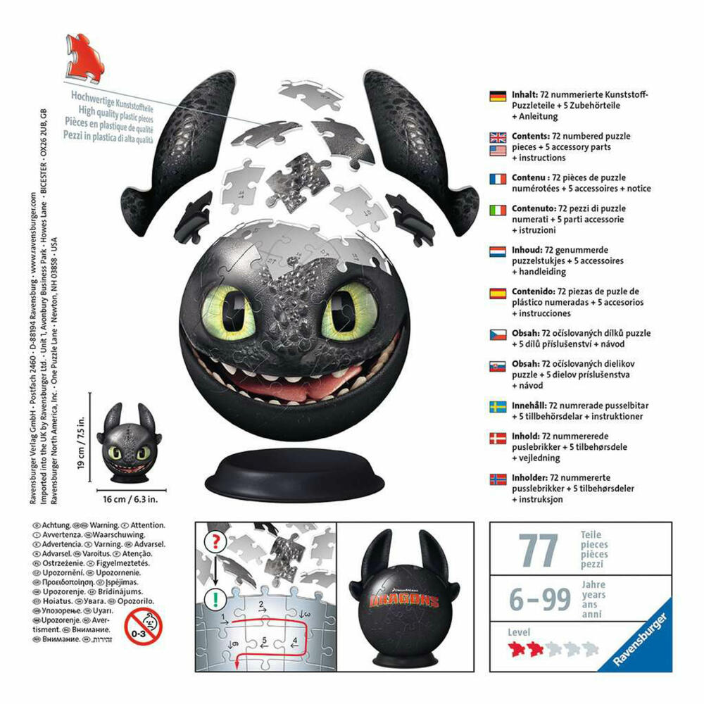 Ravensburger 3D Puzzle Ball Dragons Toothless, three-dimensional puzzle, 72 pieces, 11145
