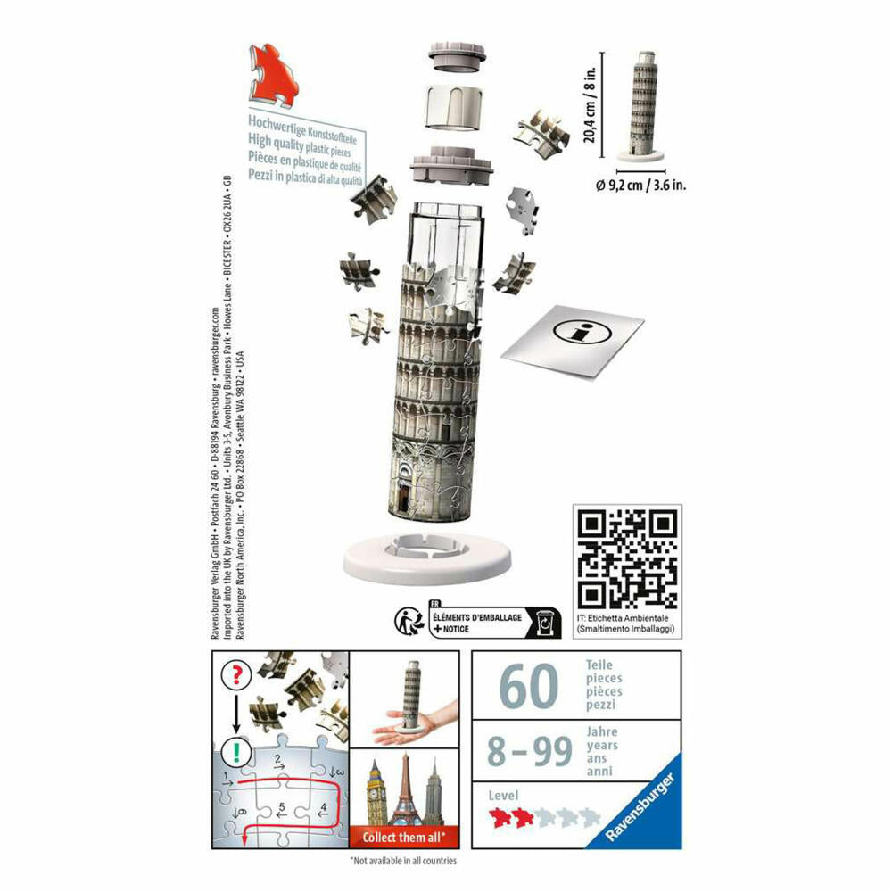 Ravensburger 3D Puzzle Mini Leaning Tower of Pisa, three-dimensional puzzle, 54 pieces, 11247