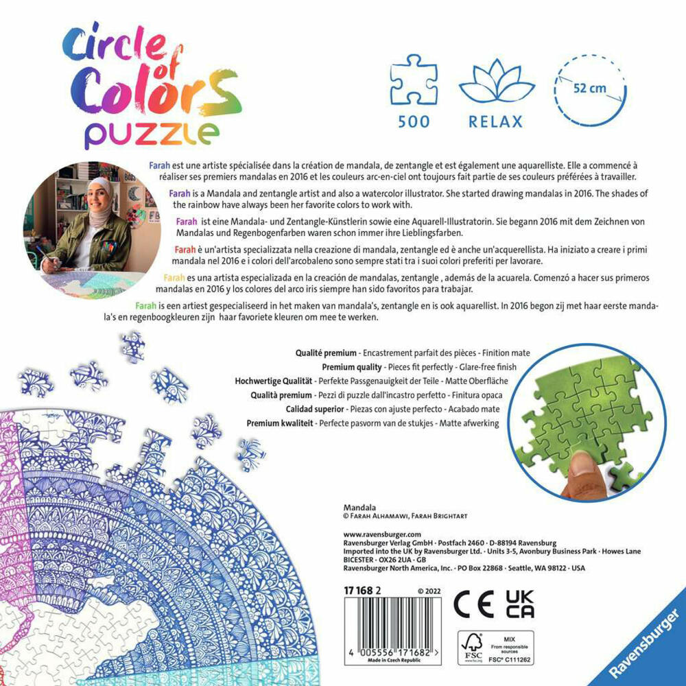 Ravensburger Puzzle Circle of Colors - Mandala, Erwachsenenpuzzle, 500 Teile, 17168