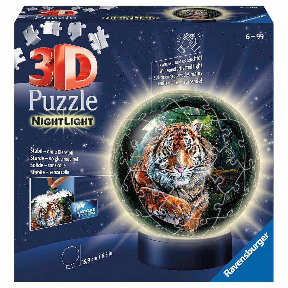 Ravensburger 3D Puzzle Ball Night Light Big Cats, three-dimensional puzzle, 72 pieces, 11248