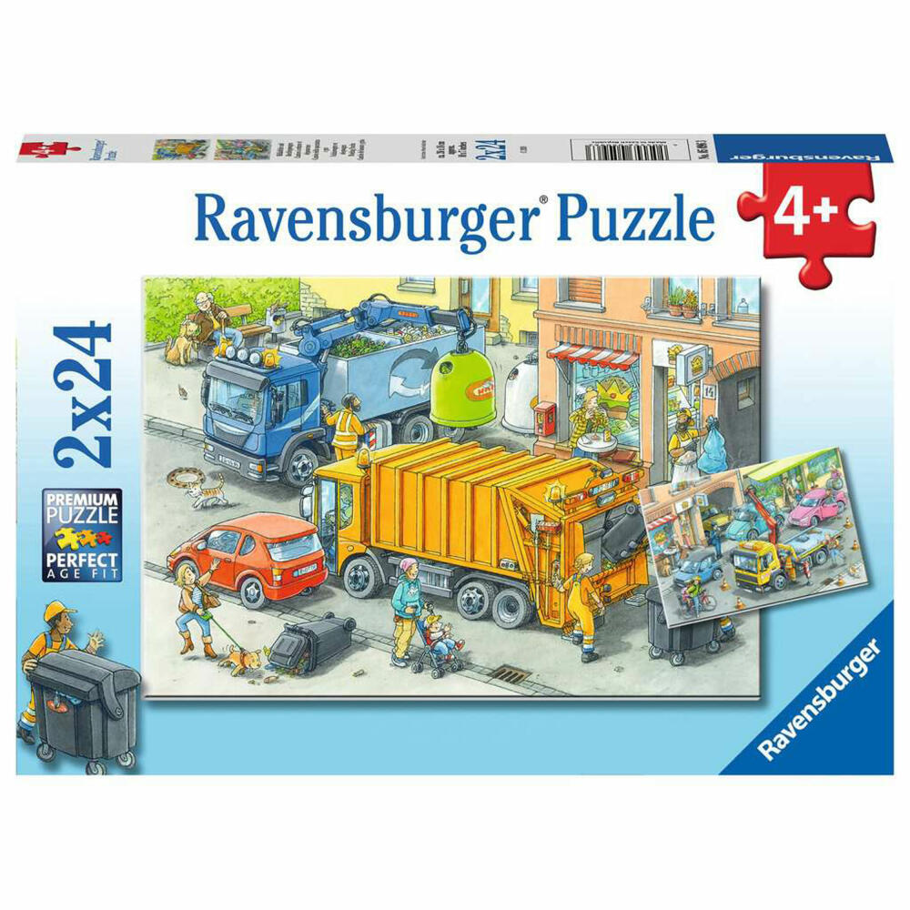 Ravensburger Kinderpuzzle Müllabfuhr und Abschleppwagen, Puzzle, 2x24 Teile, 05096