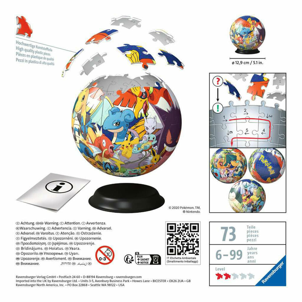 Ravensburger 3D Puzzle Ball Puzzle Ball Pokémon, three-dimensional puzzle, 72 pieces, 11785